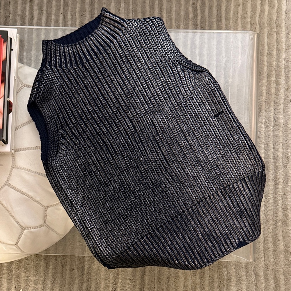 Pilcro Anthropologie Metallic Navy Sweater Vest Mock Neck NWOT